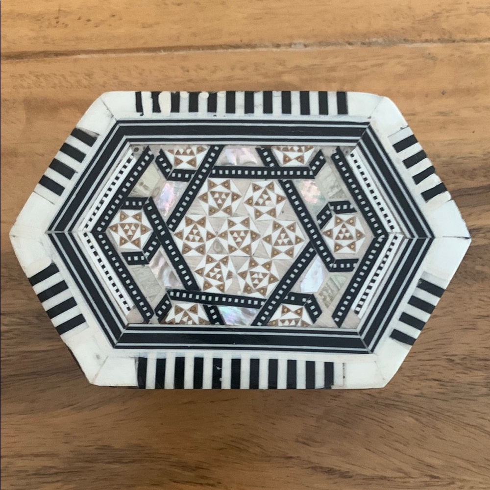 Vintage Egyptian Marquetry Mother of Pearl & Small Ring /trinket Jewelry Box